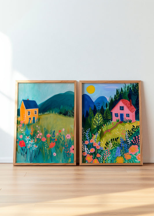 Framed art prints of Yellow House and Pink House, featuring vibrant countryside landscapes with blooming wildflowers, rolling hills, and charming houses. These colorful posters bring warmth and nature-inspired beauty to any home decor.