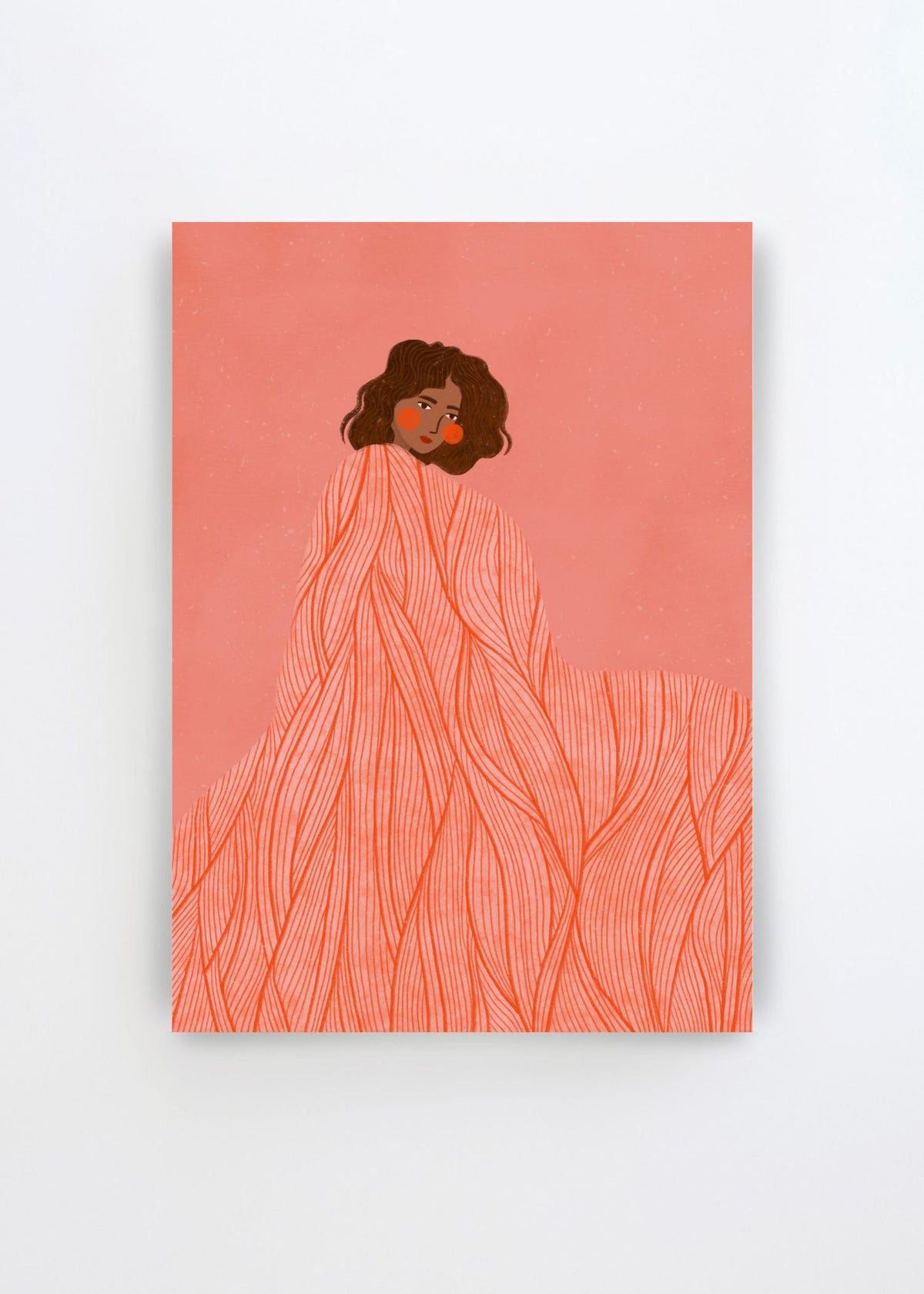 Coral Woman Dreaming by Bea Müller – minimalist art poster featuring a woman wrapped in flowing coral and orange striped fabric against a soft pink background.