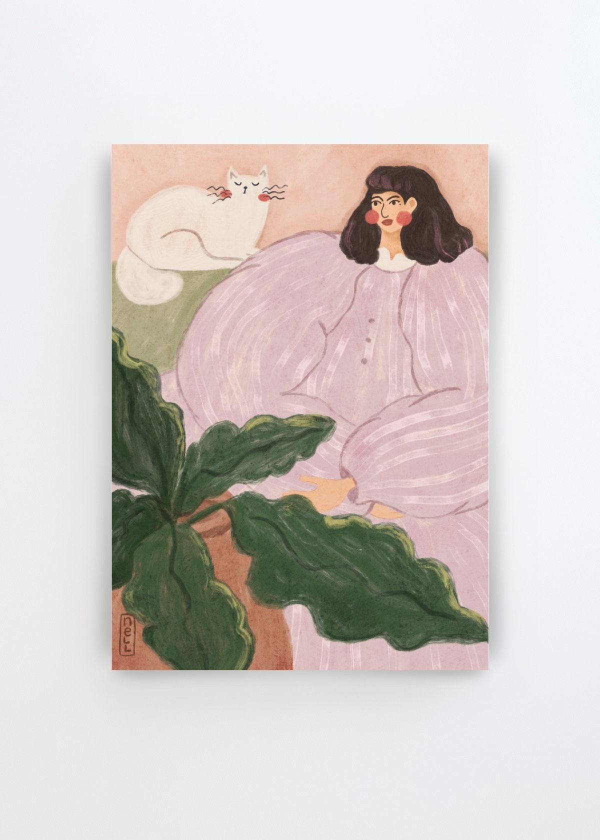 Cozy Woman With Cat by Dirkie Nell art print featuring a dark-haired woman in a soft lavender outfit resting beside a white cat, surrounded by large deep green leaves on a warm blush background.