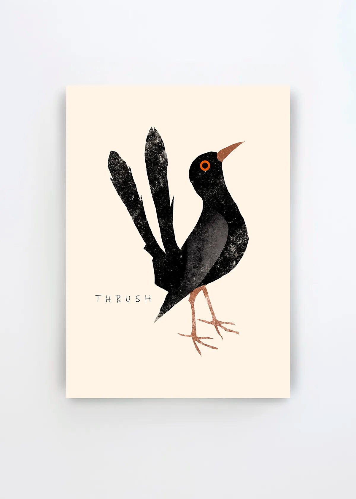 Elegant Black Thrush plakat af Josephin Hermsdorf med en stiliseret sort drossel, orange øje og brune detaljer på en varm beige baggrund.