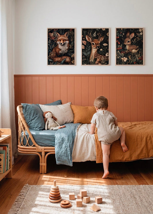 Cozy children’s bedroom styled with Hello Poster Forest Friends collection featuring Honey Bunny, Oh Deer and Forest Fox posters in oak frames above a rattan bed with warm earthy tones and Scandinavian decor.