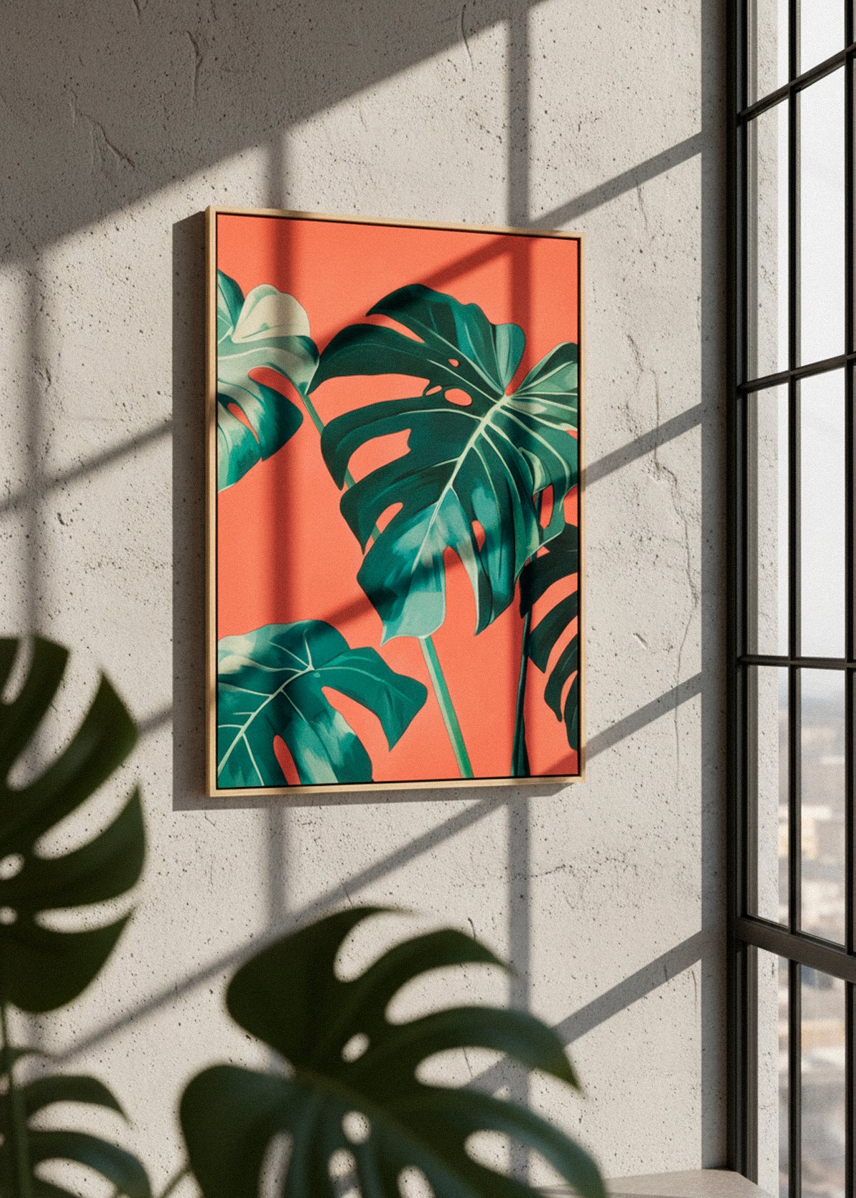 “Monstera” canvas print featuring lush green leaves on a coral background, hanging in a sunlit room with soft natural shadows.