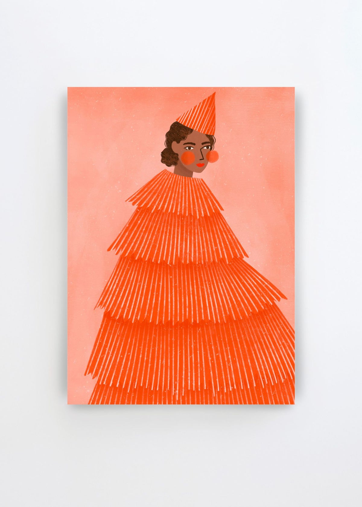 Orange Party Girl by Bea Müller – colorful art poster featuring a woman in a dramatic layered orange dress and striped party hat against a soft peach background