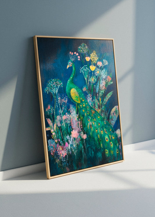 “Peacock” canvas print with a detailed green peacock and blooming florals, displayed in a softly lit room with neutral decor and natural textures.