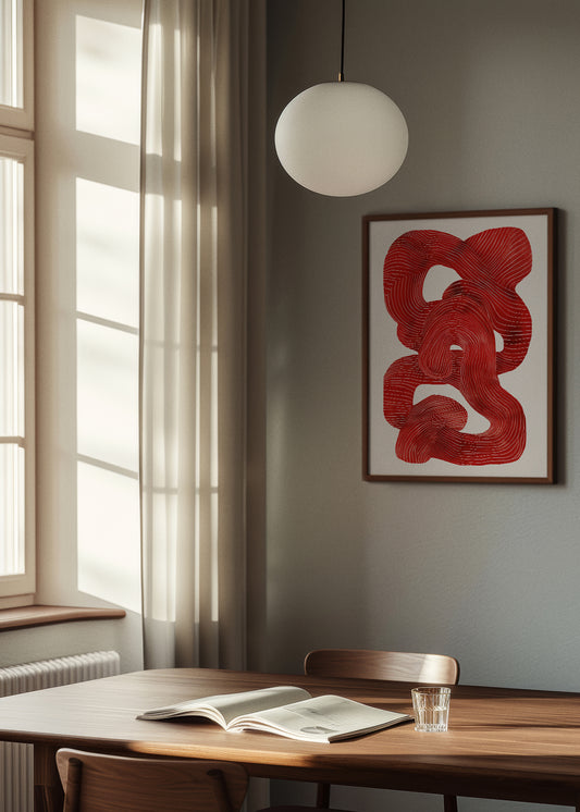 Shape No. 30 abstract red poster hanging in a modern dining area with soft natural light