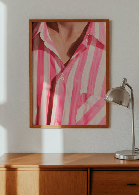 Shirt' poster displayed in a modern interior, featuring vibrant pink and white stripes on soft fabric. Perfect for adding a bold yet elegant touch to Nordic or minimalist decor.