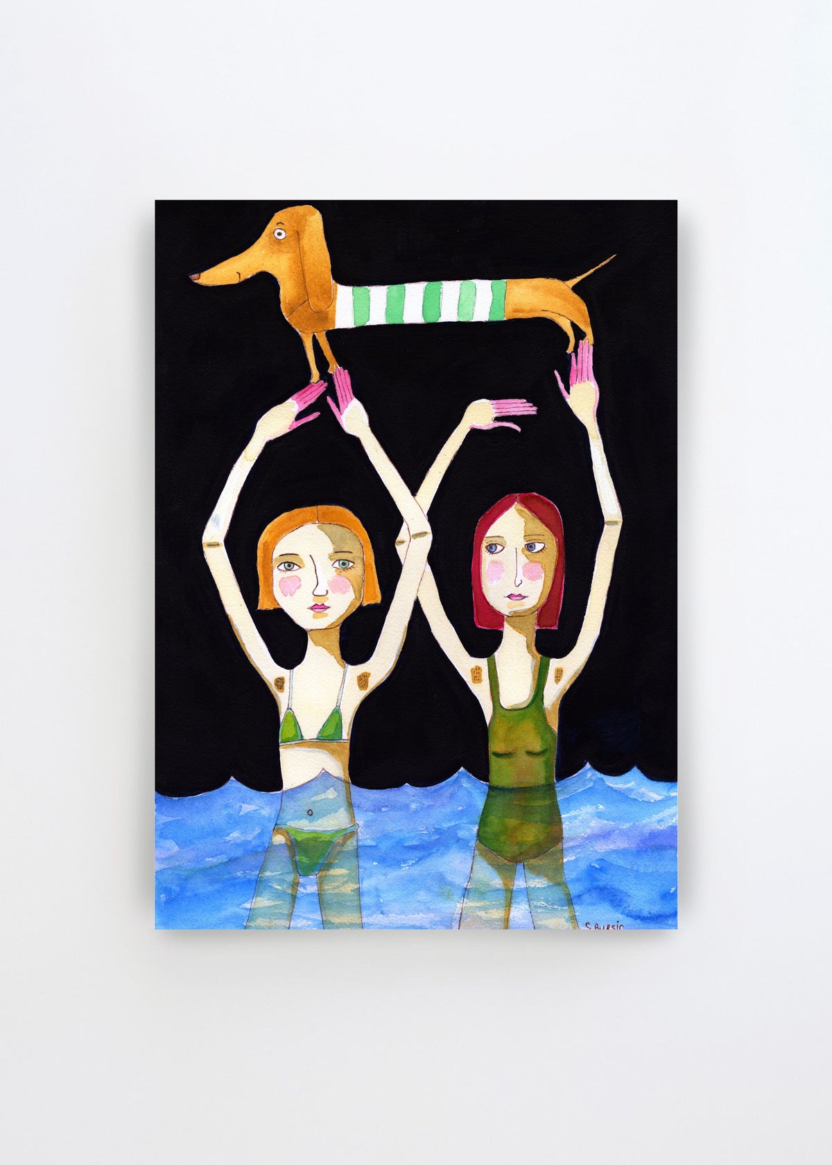 Whimsical Dog and Swimmers by Sharyn Bursic – playful art poster featuring two women in blue water balancing a striped dachshund above their raised hands.