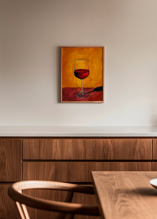 Wine glass poster in a rustic kitchen setting – A sophisticated poster featuring a glass of red wine, ideal for enhancing the ambiance of a stylish, modern dining area.