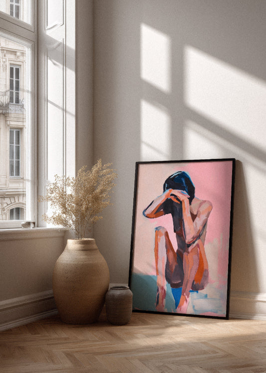 Minimalist interior with the Croquis poster leaning against a wall, featuring an expressive nude figure in soft pink, blue, and orange tones — modern art print from Hello Poster.