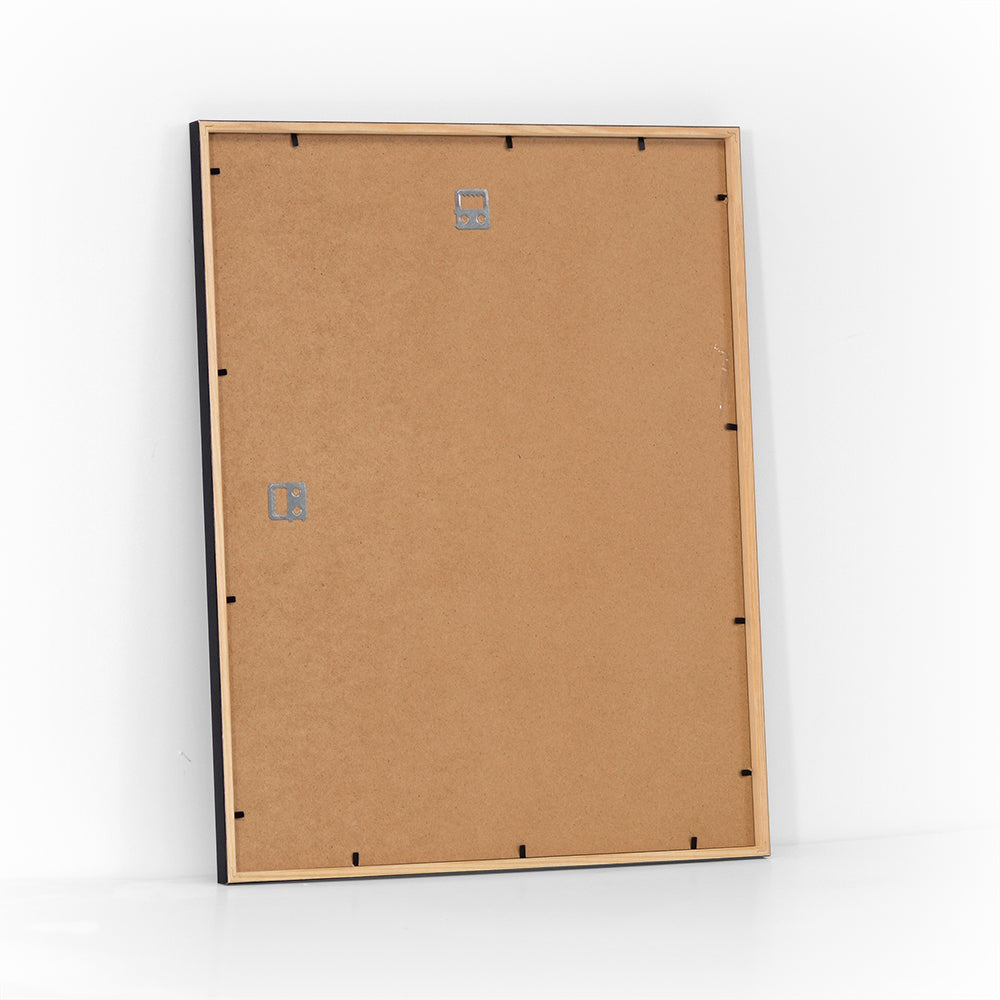 Back view of black wooden frame 40x50 cm with MDF backing and metal hangers – ideal for posters, photos, and prints.