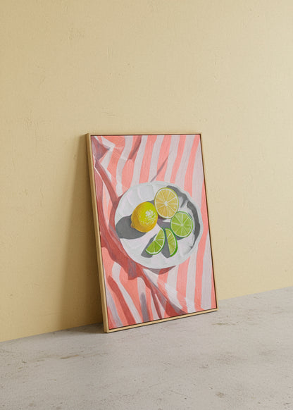 Colourful lemon and lime canvas artwork leaning against a wall – fresh summer kitchen décor by Hello Poster.