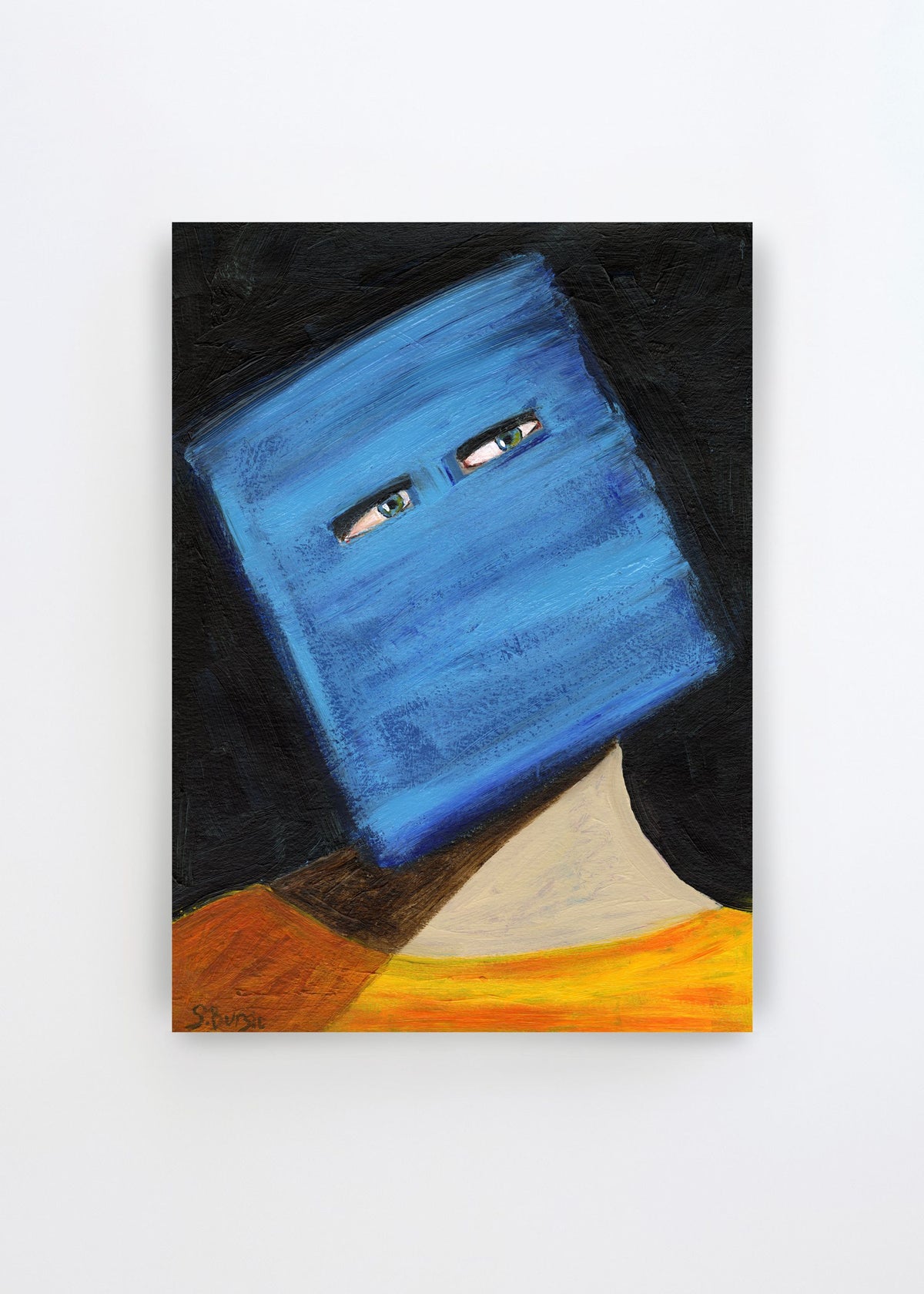 Abstract Blue Head Portrait by Sharyn Bursic – expressive art poster featuring a stylized blue face with green eyes against a dark black background.