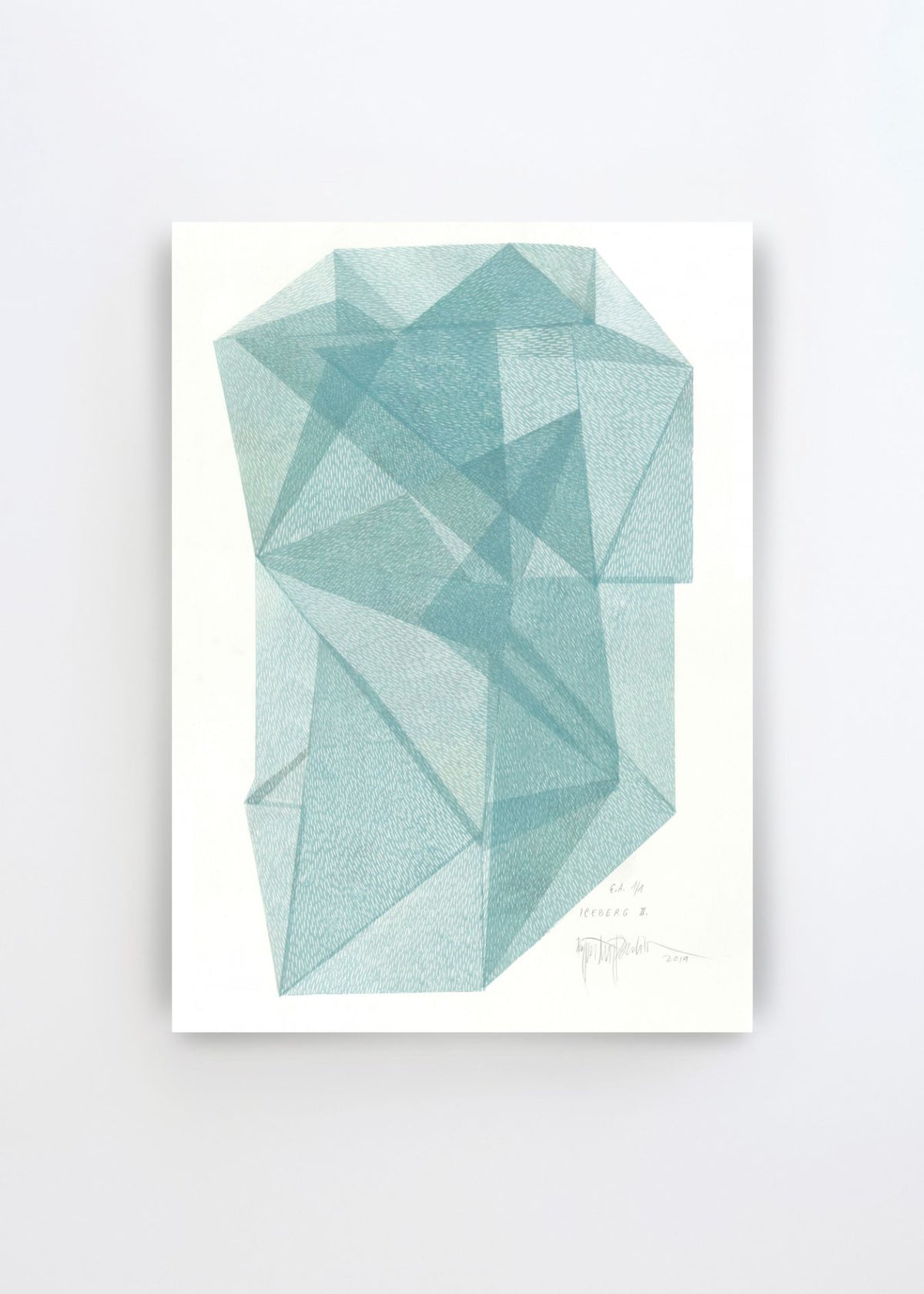 Abstract Geometric Structure art poster by Paulina Vårregn featuring layered translucent geometric shapes in soft blue and turquoise tones on a white background.