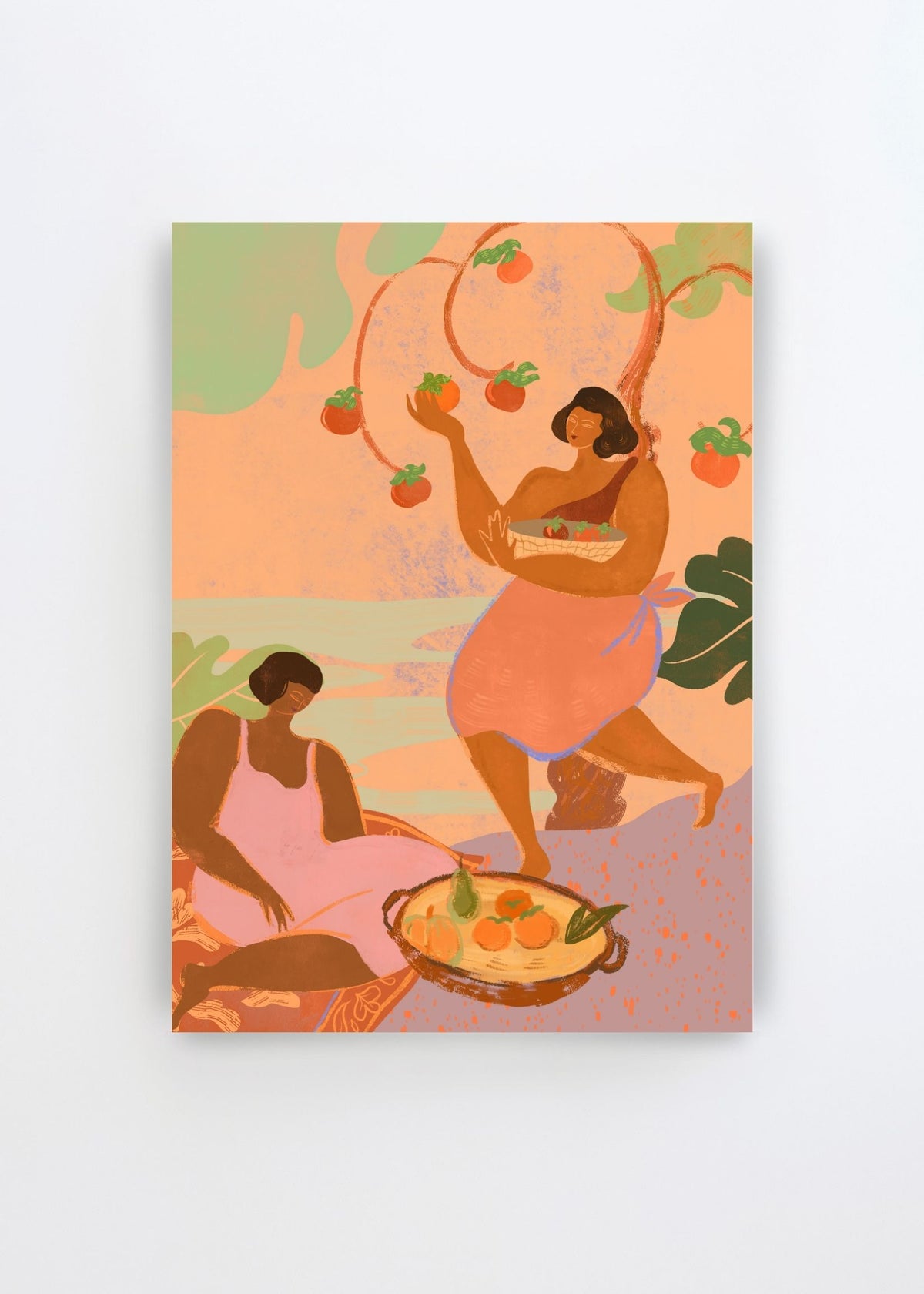 Autumn by Arty Guava – warm colorful art poster featuring women gathering fruit among tropical plants in orange, pink and earthy tones.