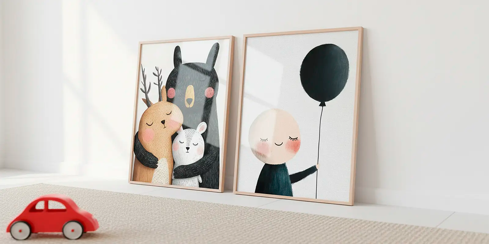 Two playful children's posters — one with hugging forest animals and one with a smiling child holding a balloon — styled in a bright Scandinavian room.