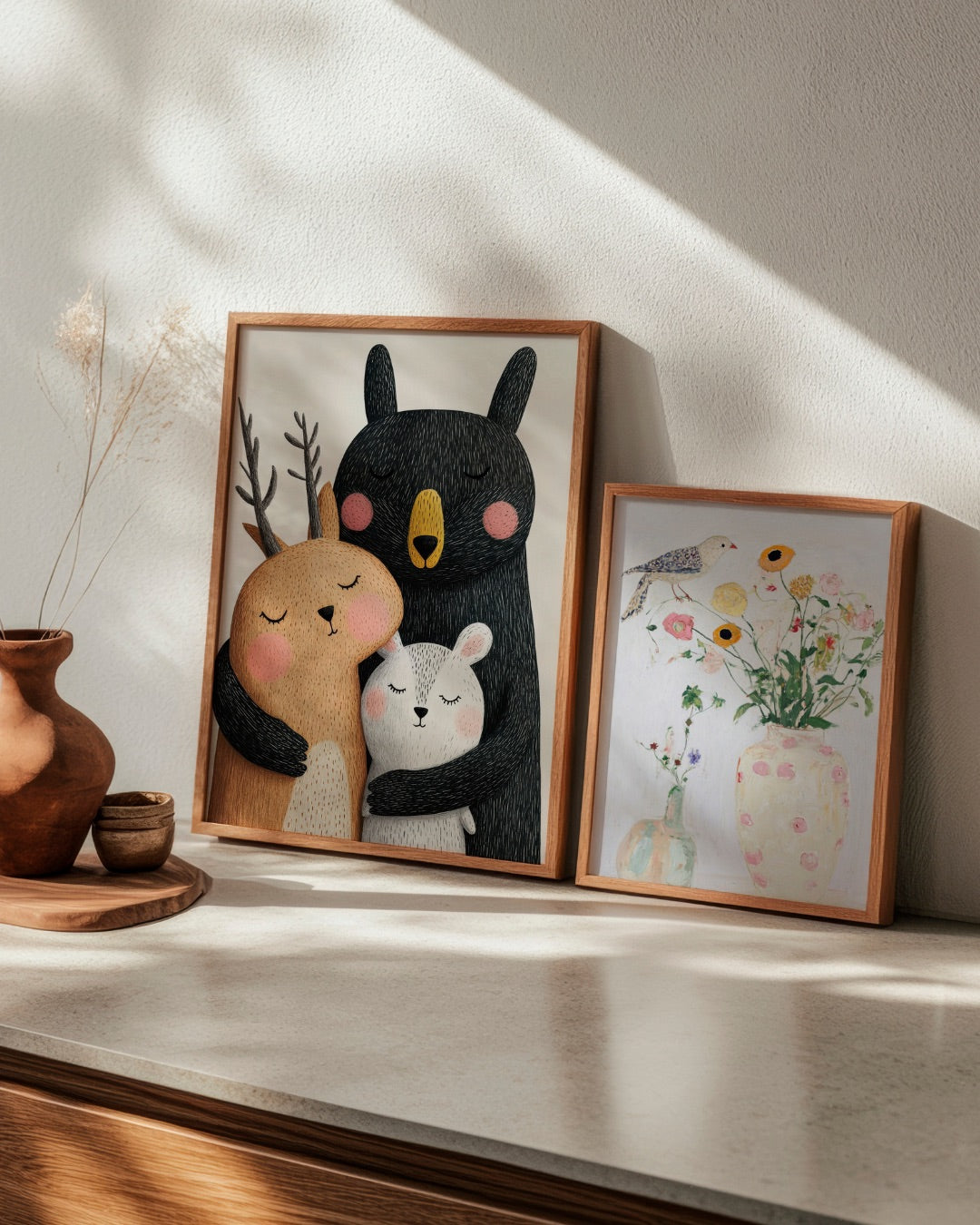 Cozy HelloPoster wall art featuring 'Bird no. 1', a floral still life with a bird, and 'BFF', a cuddly trio of forest animals. Ideal art prints for soft Scandinavian home decor.