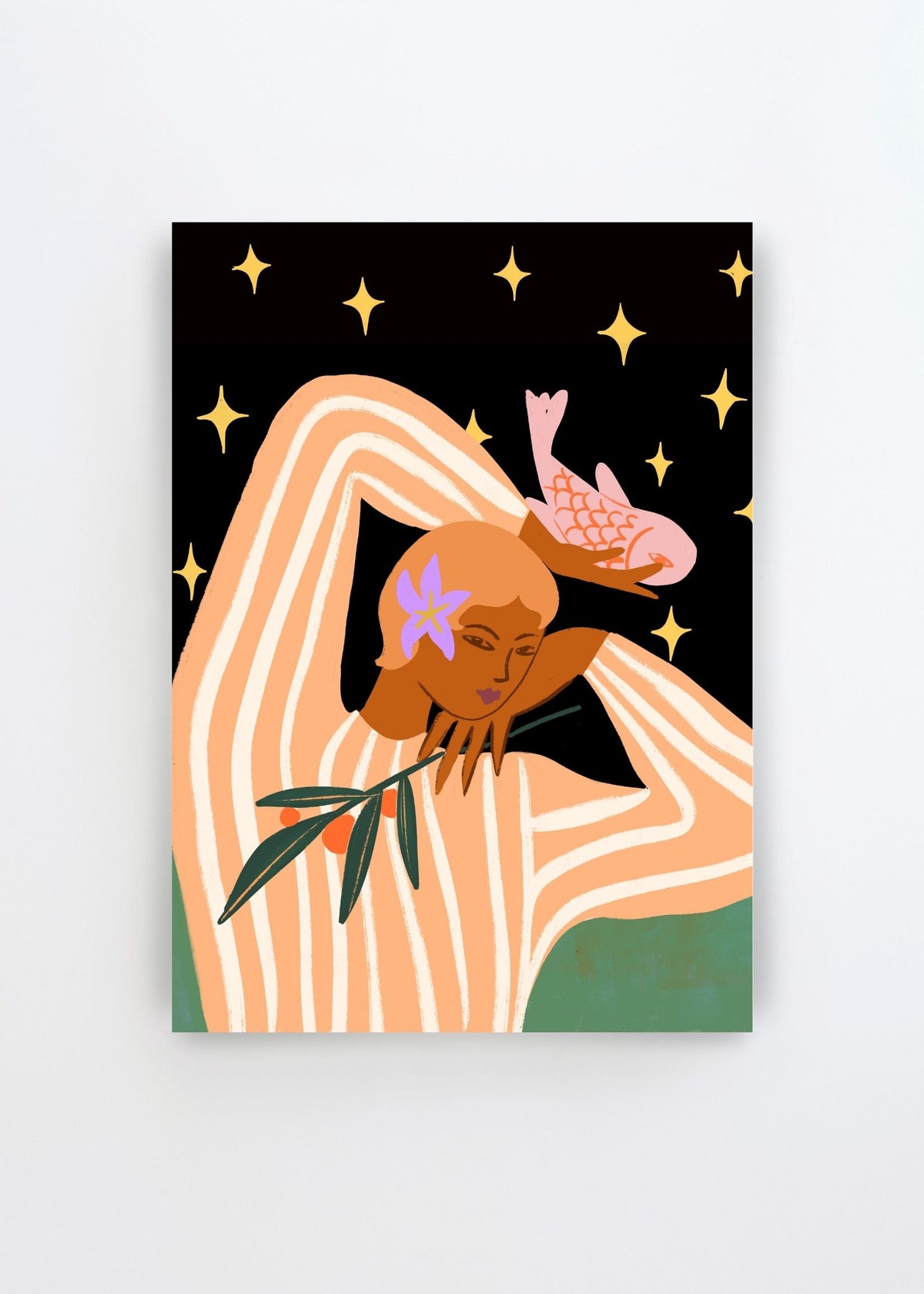 Balance by Arty Guava – colorful art poster featuring a woman with a bird, floral details and stars on a black background.