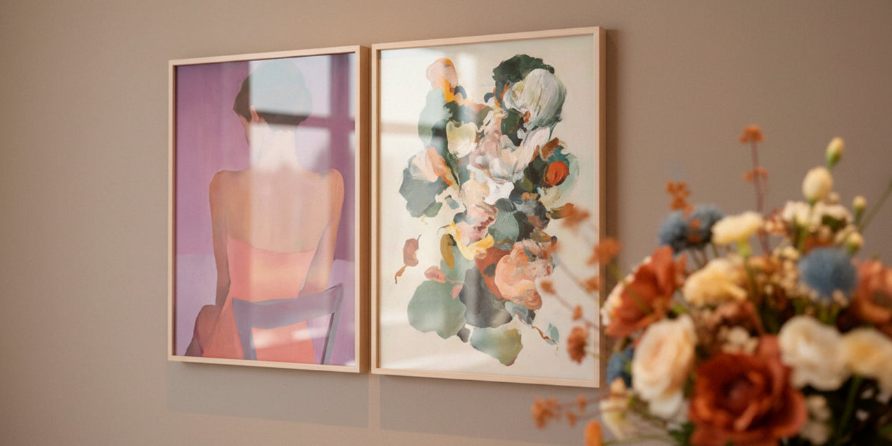 Ballroom and Petale posters in oak frames hanging on a warm beige wall with soft afternoon light, with a bouquet of colorful flowers blurred in the foreground.