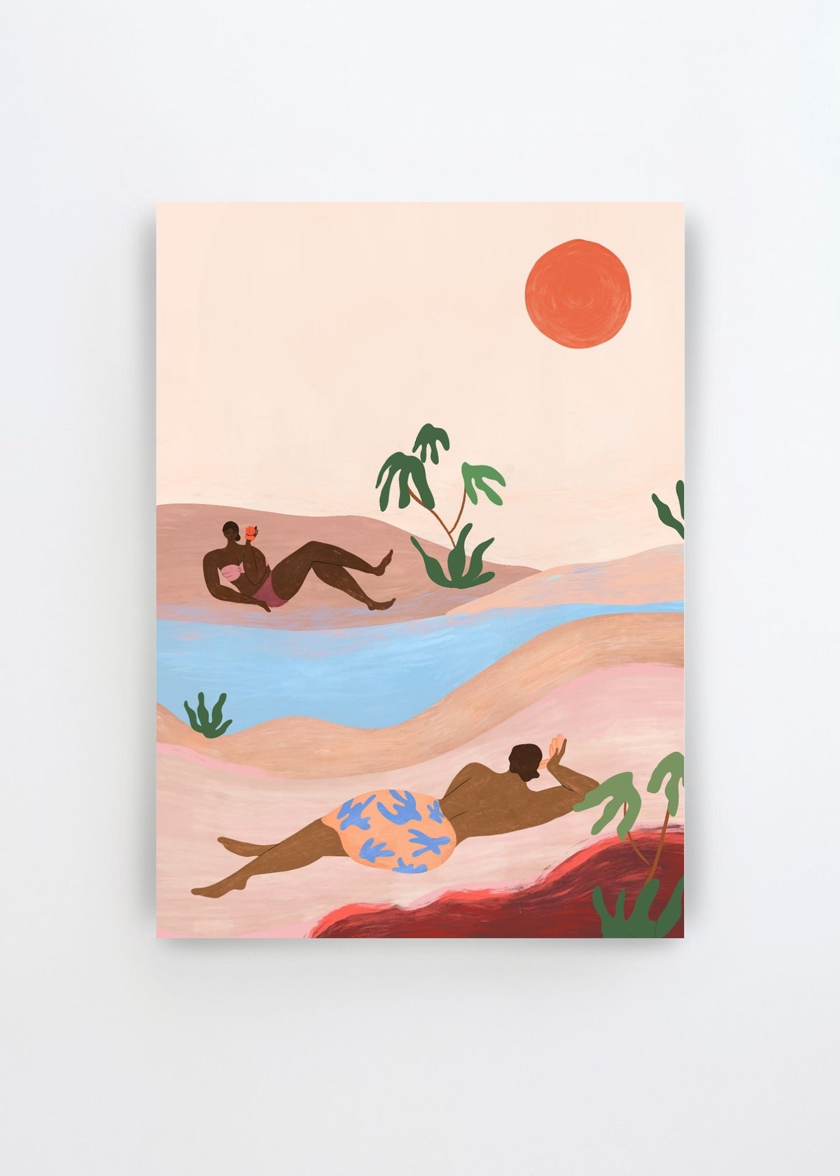 Beach Please by Arty Guava – colorful art poster with relaxed figures, tropical plants and a dreamy beach landscape in soft pastel tones.