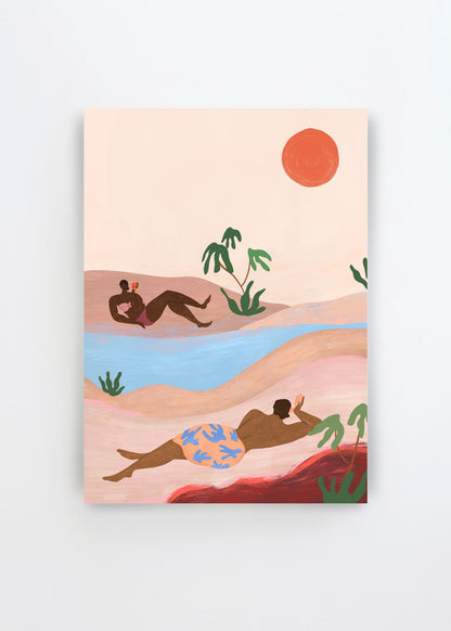 Beach Please by Arty Guava – colorful art poster with relaxed figures, tropical plants and a dreamy beach landscape in soft pastel tones.