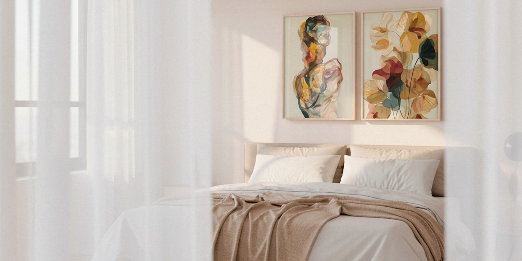 Beautiful Creature and Botanical Soul posters in light wooden frames above a Scandinavian bedroom setting with soft daylight and sheer curtains.