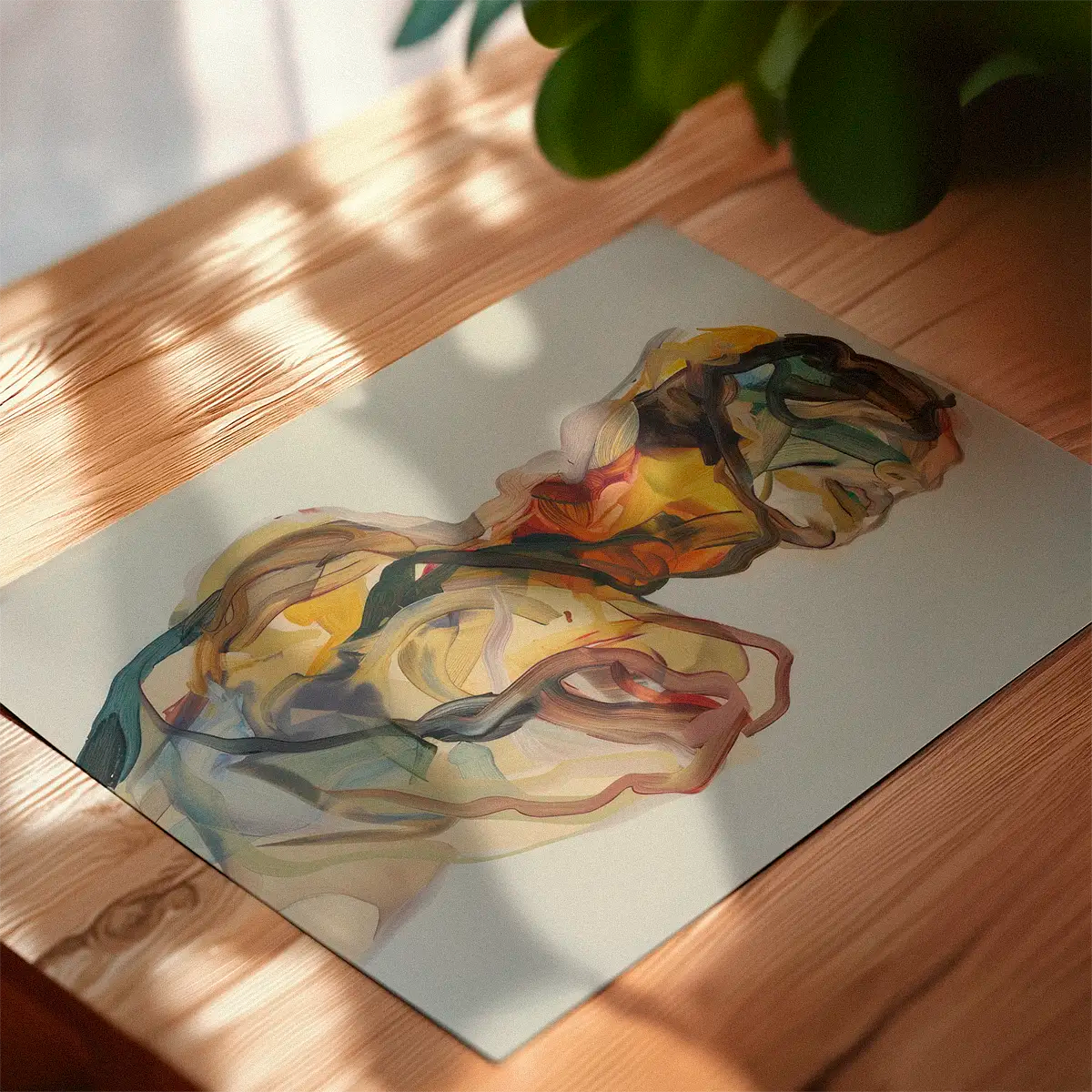 Colorful abstract figure artwork lying on a wooden surface, shown in warm natural daylight with soft plant shadows.
