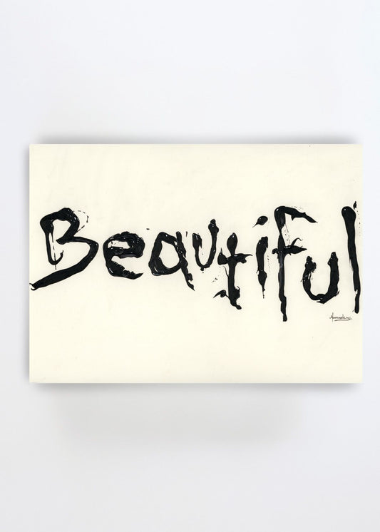 Beautiful Ink Script by Manasseh Johnson Sr. – minimalist text-based art print featuring the word “Beautiful” painted in expressive black brush lettering on a warm off-white background.