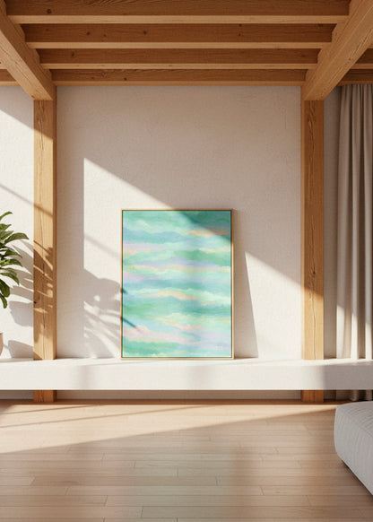 Framed “Behind the Cloud” canvas leaning on a low white shelf in a bright room with wooden beams and soft afternoon sunlight.