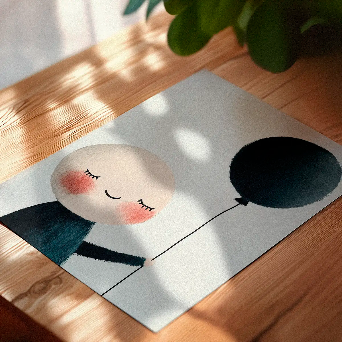 Children’s poster featuring a smiling character holding a balloon, shown in a wooden frame leaning against a light Scandinavian wall.