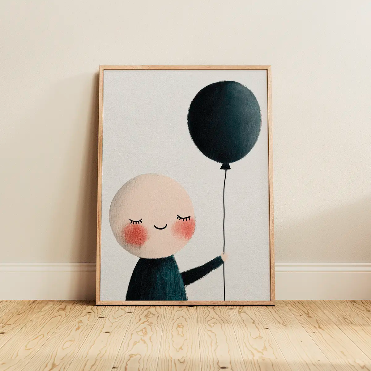 Children’s poster featuring a smiling character holding a dark teal balloon, framed in oak and placed on light wooden floors against a neutral wall, warm Scandinavian nursery styling.