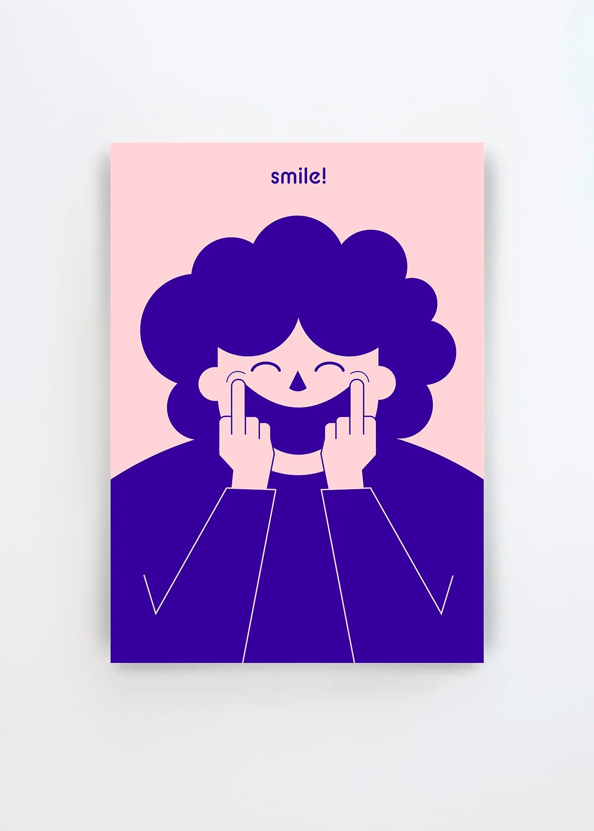 Big Happy Smile art poster by Monika Gregulska with a smiling woman in purple and pink holding up both middle fingers, playful modern wall art with attitude.
