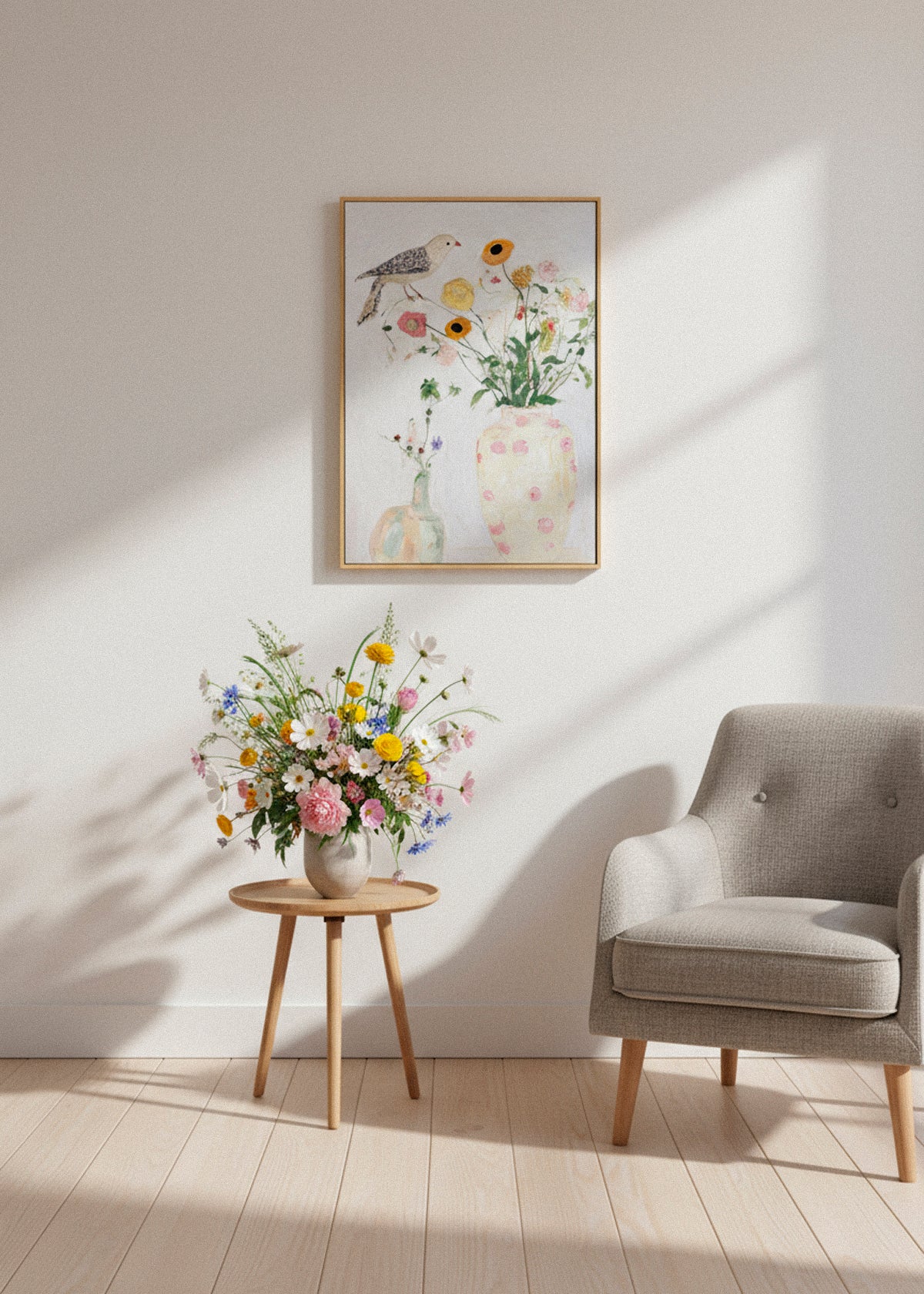 Bird No. 1 canvas print styled next to a small table with fresh wildflowers, capturing a gentle bird and pastel florals in a soft, airy design. Hello Poster artwork.