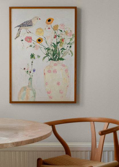 Bird no. 1 poster in a Scandinavian dining room – A delicate and artistic poster featuring a bird and a floral vase, adding soft, vintage charm to a modern home. Perfect for Nordic-inspired decor.