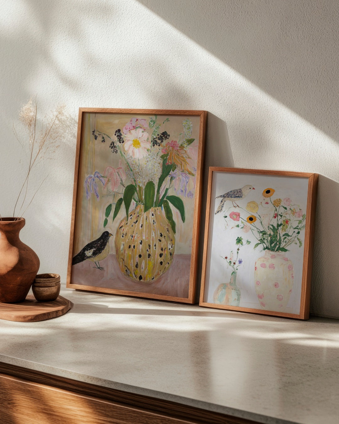 HelloPoster's floral duo: 'Bird no. 1' and 'Bird no. 2', both showcasing birds and wildflowers in vases. Scandinavian-inspired prints perfect for dining rooms or calm living spaces.