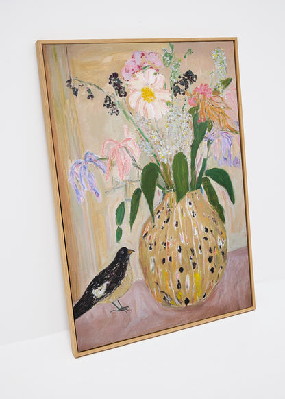 Canvas art titled “Bird no. 2” featuring a bird and wildflowers in a yellow vase with dotted pattern – soft pastel tones and botanical charm.