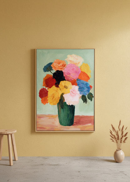 Close-up view of the Blossoms canvas print on a textured white wall, showing vibrant painted flowers in rich warm tones. Minimal, airy home interior. HelloPoster canvas art