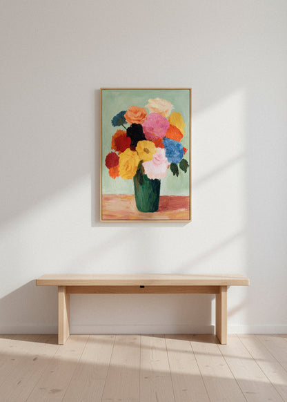 Blossoms canvas print displayed above a wooden bench in a neutral modern space. Colorful floral bouquet artwork in a green vase. Soft daylight and clean Scandinavian décor. HelloPoster canvas print.
