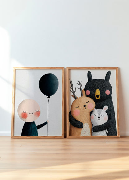 Framed posters Ben's Balloon and BFF – a charming duo perfect for a nursery or kids' room. Ben's Balloon features a minimalist illustration of a smiling child holding a black balloon, while BFF captures a heartwarming embrace between a bear, deer, and rabbit. Printed on FSC-certified paper, these posters bring warmth and a playful touch to any space.