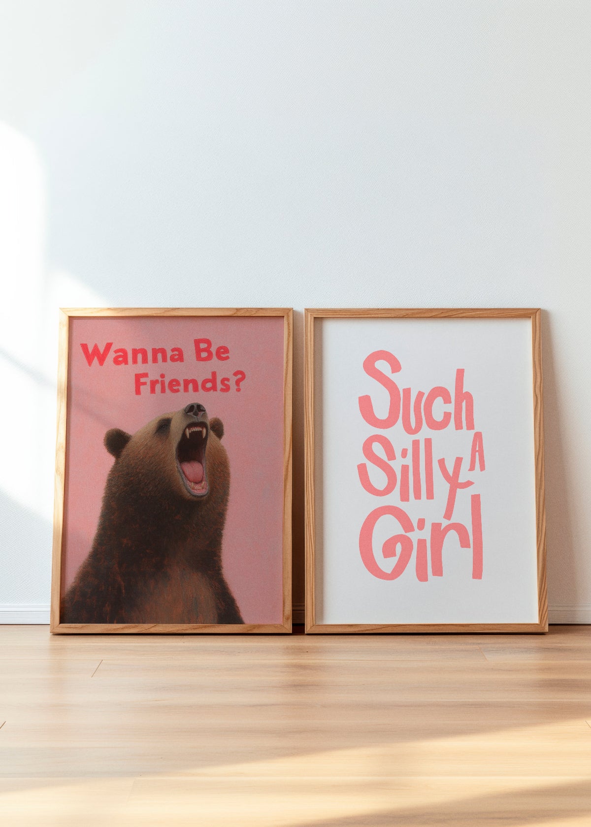 A bundle featuring Such a Silly Girl and Girl Bear posters in wooden frames, creating a fun and bold statement for kids' room decor.