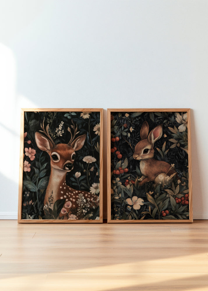 Honey Bunny" and "Oh Deer" posters from the Forest Friends collection, featuring a beautifully illustrated rabbit and deer surrounded by lush woodland flora. Perfect for creating a cozy and nature-inspired atmosphere in a child's room or nursery