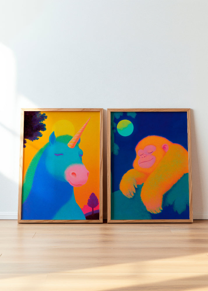 Vibrant poster set featuring Magical Unicorn and Dreaming Monkey, two enchanting art prints from the Little Dreamers collection. The Magical Unicorn poster showcases a serene, neon-colored unicorn against a warm, golden sunset, while Dreaming Monkey captures a peaceful orangutan resting under a glowing moon. These colorful, dreamy designs bring a sense of magic and tranquility to any children's room or creative space.