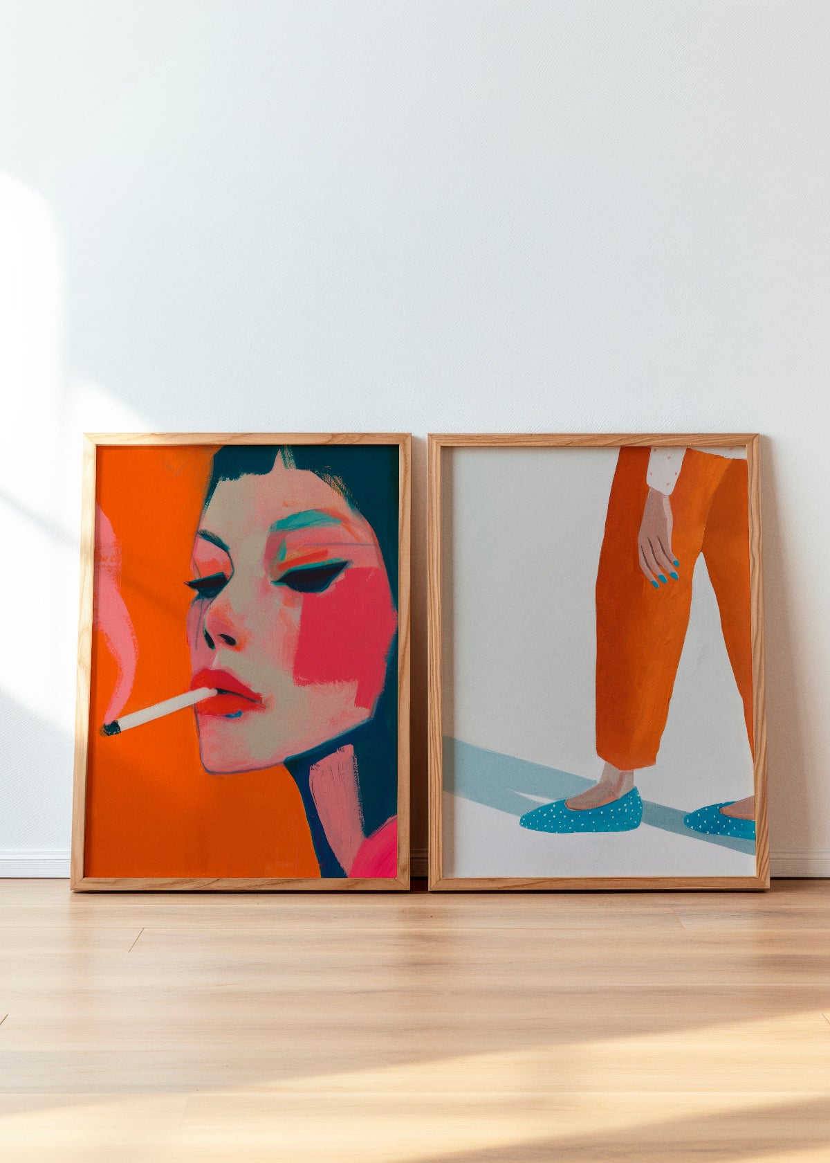 Bold and expressive poster set featuring Smoke and Moody Nails, two striking art prints from the Simply Artful collection. Smoke portrays a confident woman with vibrant pink and orange tones, exhaling smoke in a dramatic, modern style. Moody Nails captures a minimalist yet stylish composition, highlighting a woman's hand with bright blue nails and relaxed posture. This duo adds a rebellious and artistic touch to contemporary interiors, perfect for those who appreciate statement art with personality.