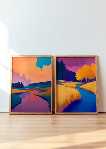 Framed art prints of Nightfall and Twilight, two vibrant landscape posters featuring bold, dreamy colors. Nightfall showcases a sunset reflecting on a serene river, while Twilight presents a golden meadow with a winding blue stream. Perfect for adding warmth and depth to any modern interior.