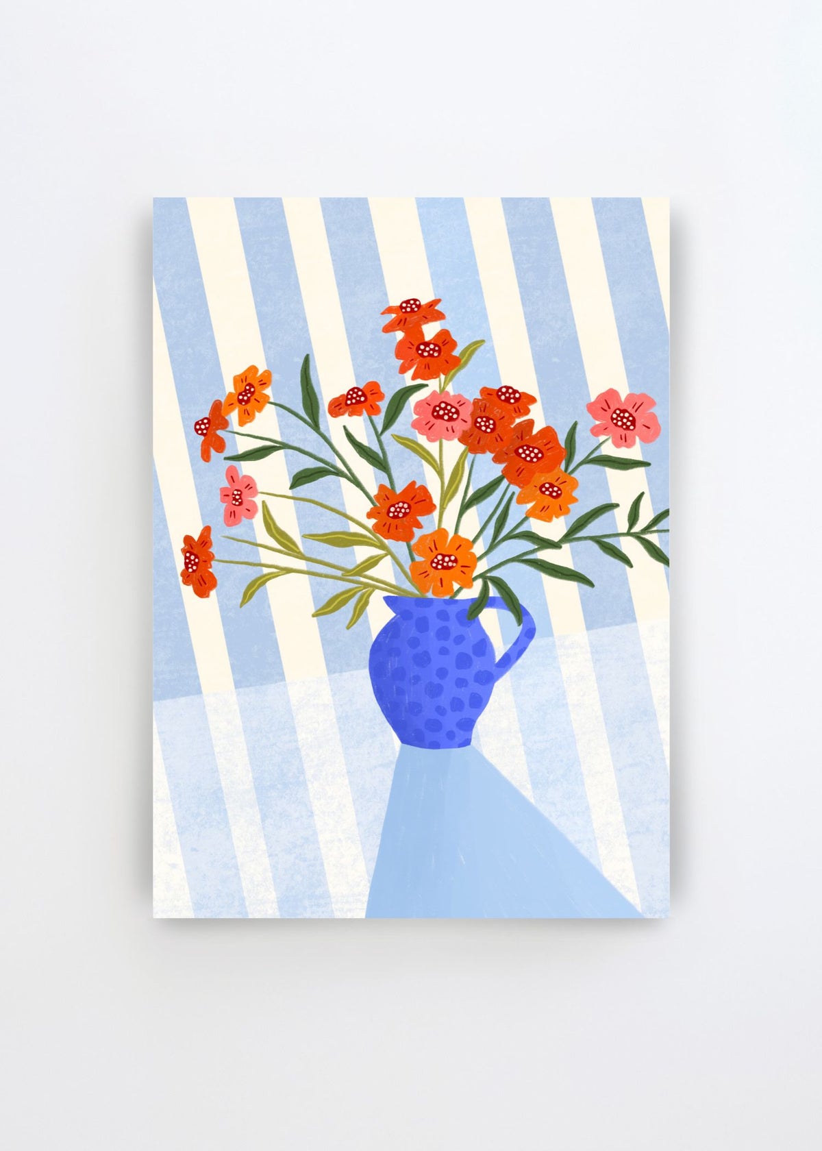 Cheerful Floral Pitcher by Bea Müller – colorful art poster featuring orange and pink flowers in a blue pitcher against a light blue striped background.