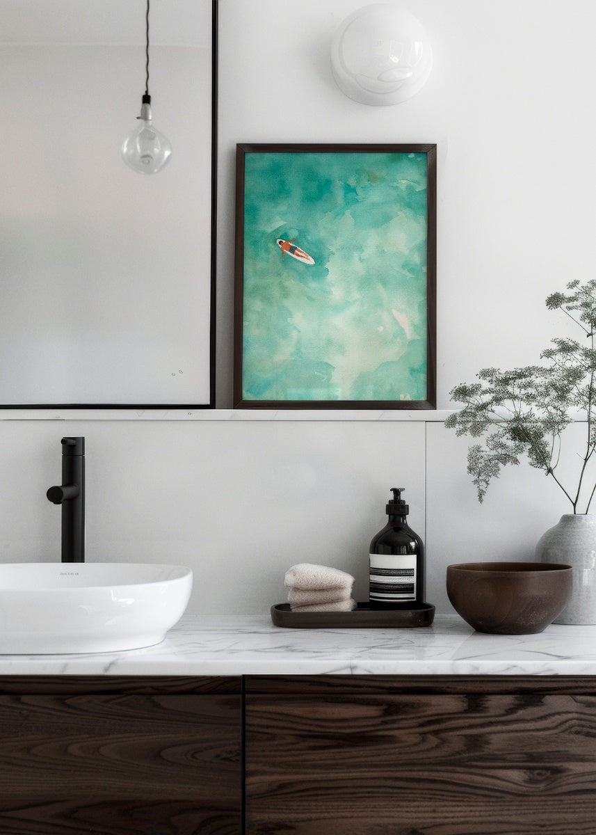 'Chill' poster displayed in a modern bathroom setting with sleek, masculine decor. Featuring a serene water scene in green tones, this artwork adds a calming and sophisticated touch, ideal for contemporary interiors.