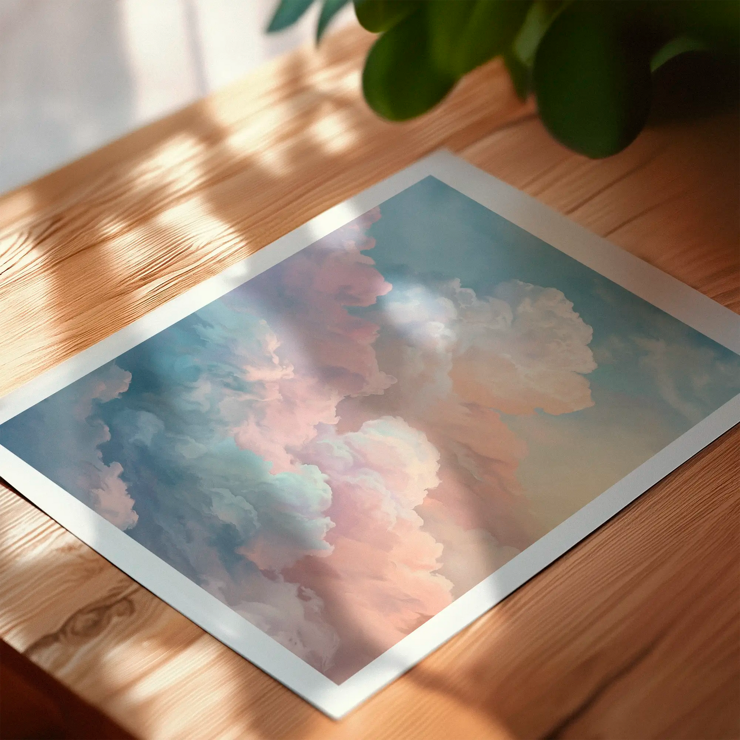 Pastel cloud poster lying flat on a wooden tabletop with warm natural sunlight and soft plant shadows.