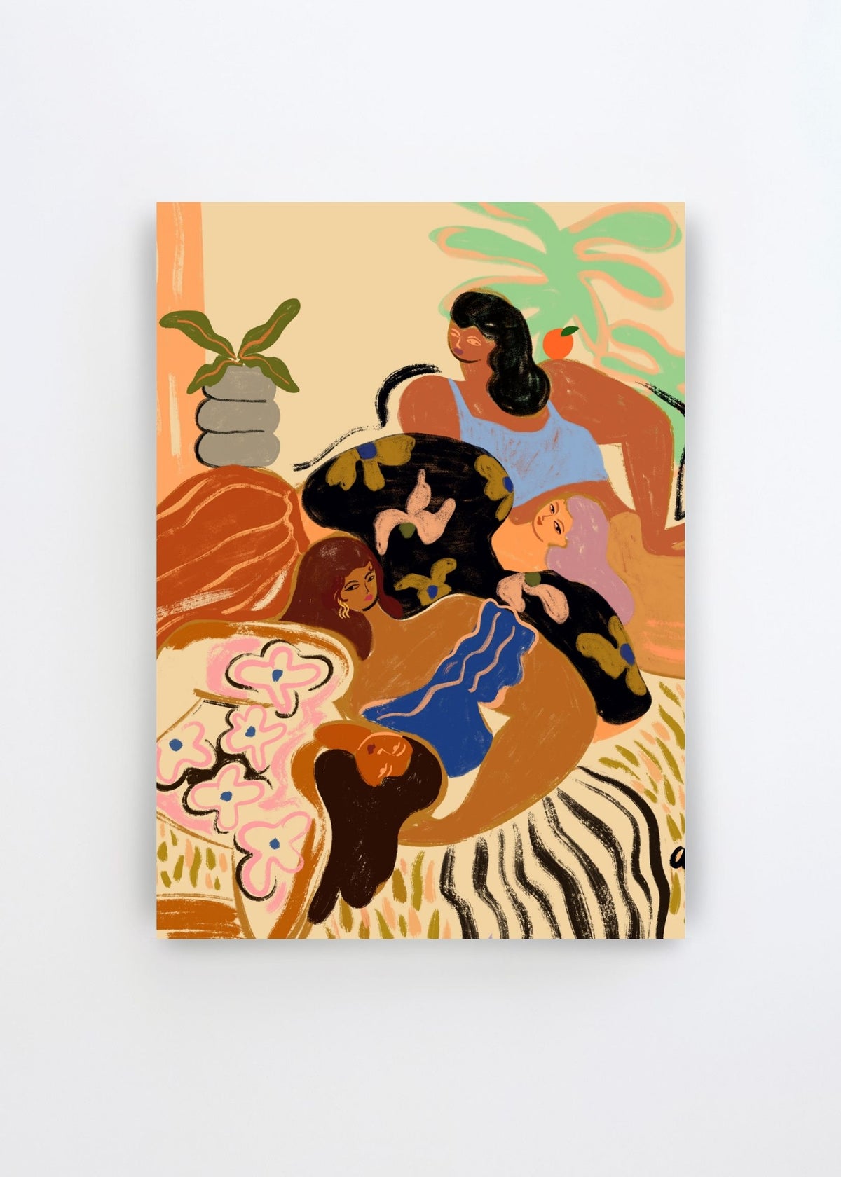 Cozywozy by Arty Guava – warm illustrated art poster featuring women relaxing together surrounded by flowers and soft earthy colors.