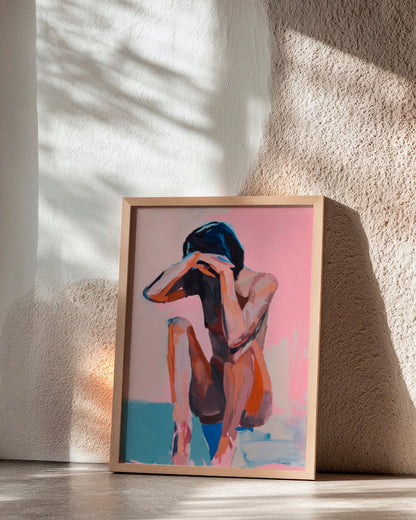 Vibrant and emotional art poster titled "Croquit" featuring a seated figure with expressive brushstrokes in pink, blue, and orange tones, displayed in soft natural lighting.