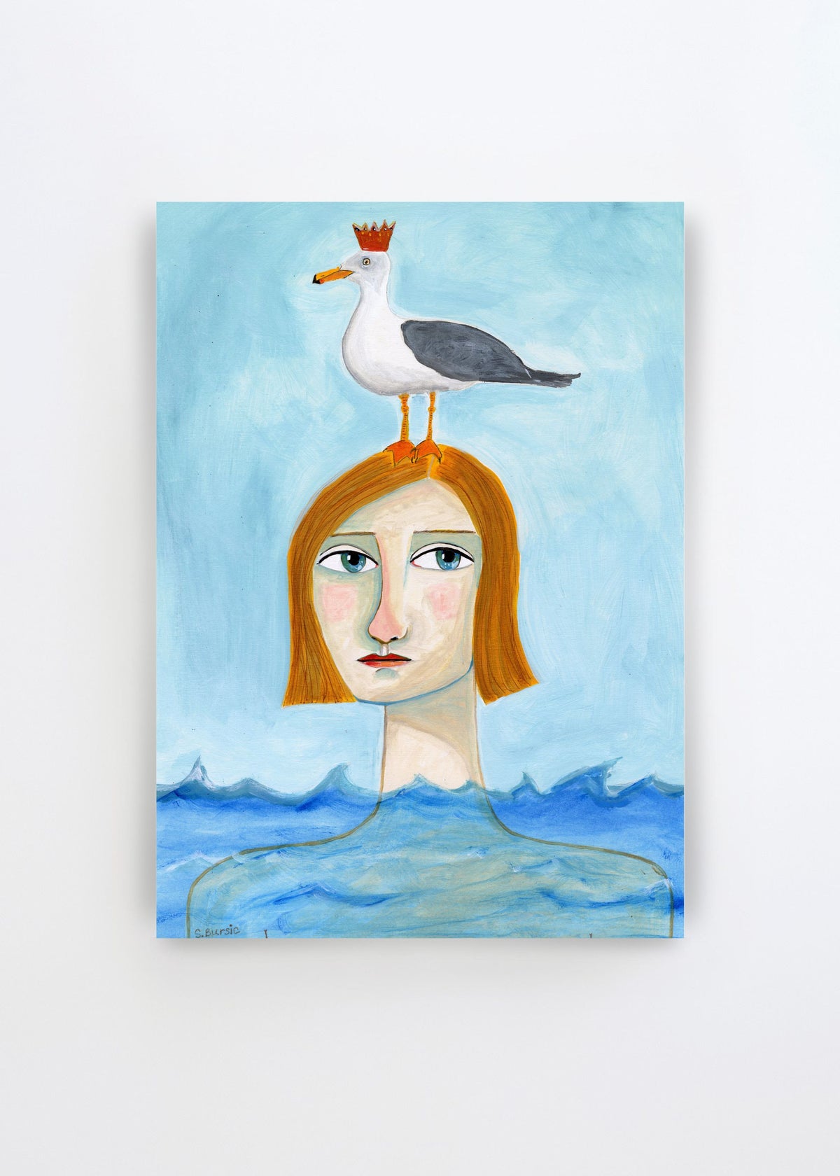 Crowned Seagull Woman by Sharyn Bursic – whimsical art poster featuring a woman in blue water with a crowned seagull balanced on her head.