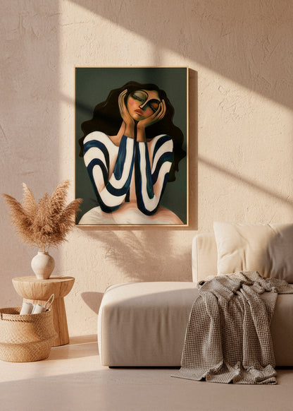 Daisy canvas print hanging in a warm neutral living room with textured beige walls – modern feminine wall art by Hello Poster.